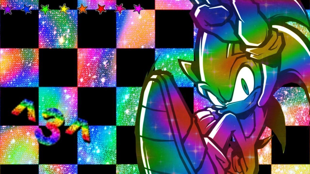 A colorful wallpaper of Sonic the Hedgehog with a black and white checkered background - Scenecore