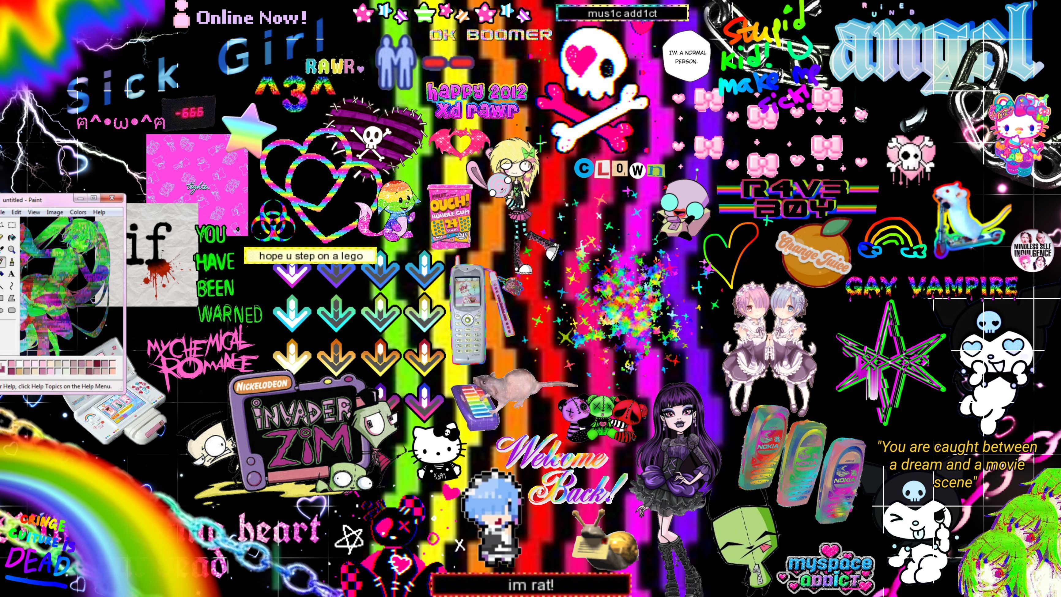 A collage of neon and rainbow graphics, including images of anime characters, text that says 