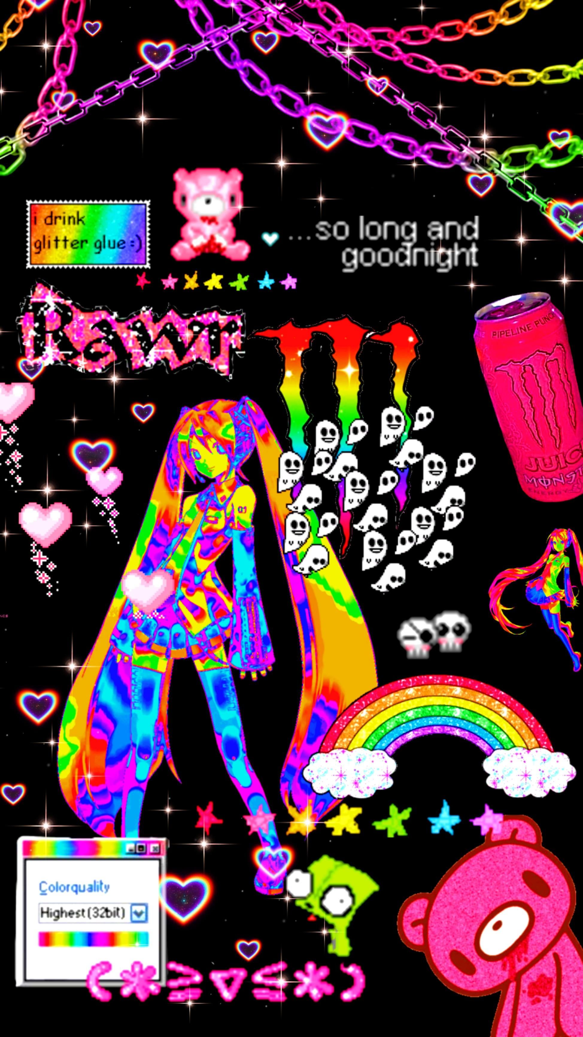 Aesthetic wallpaper with a neon girl, skulls, chains, and a rainbow. - Scenecore