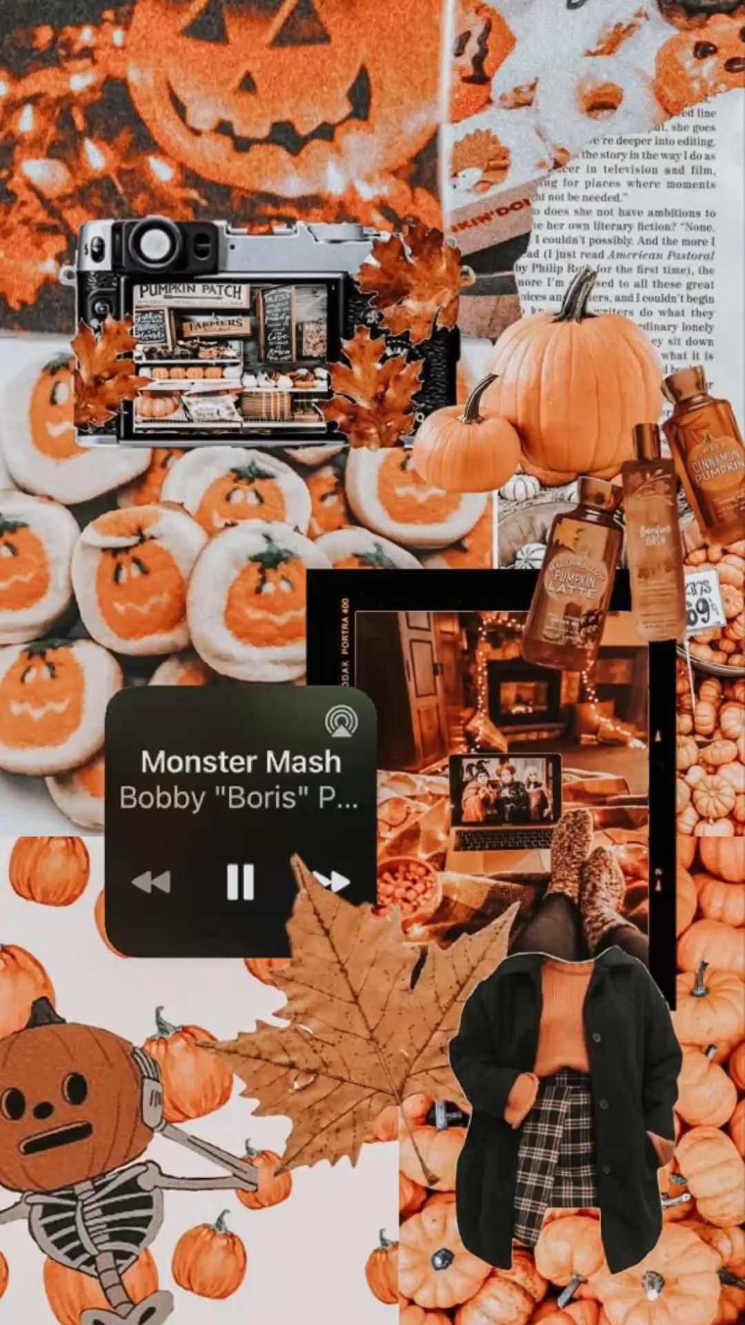 Aesthetic Halloween wallpaper with pumpkins, leaves, and a music player. Perfect for your phone or desktop background. Tags: Halloween Aesthetic, Fall Aesthetic, Halloween, Wallpaper. - Halloween, cute Halloween