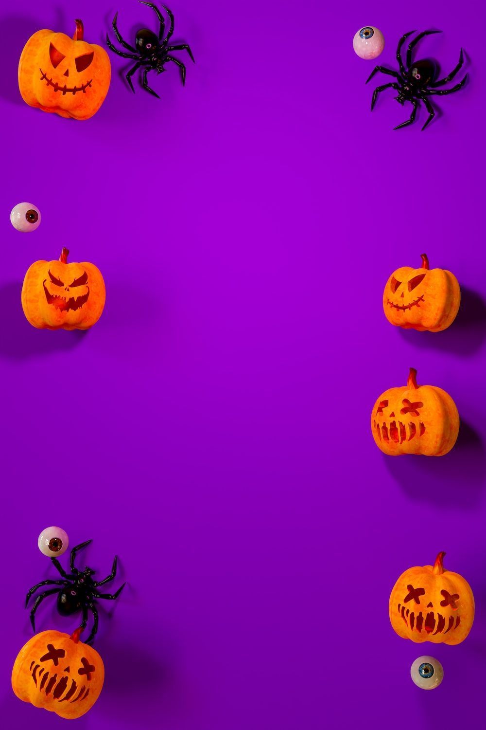 Purple background with six pumpkins and spiders on the top and bottom - Cute Halloween, Halloween
