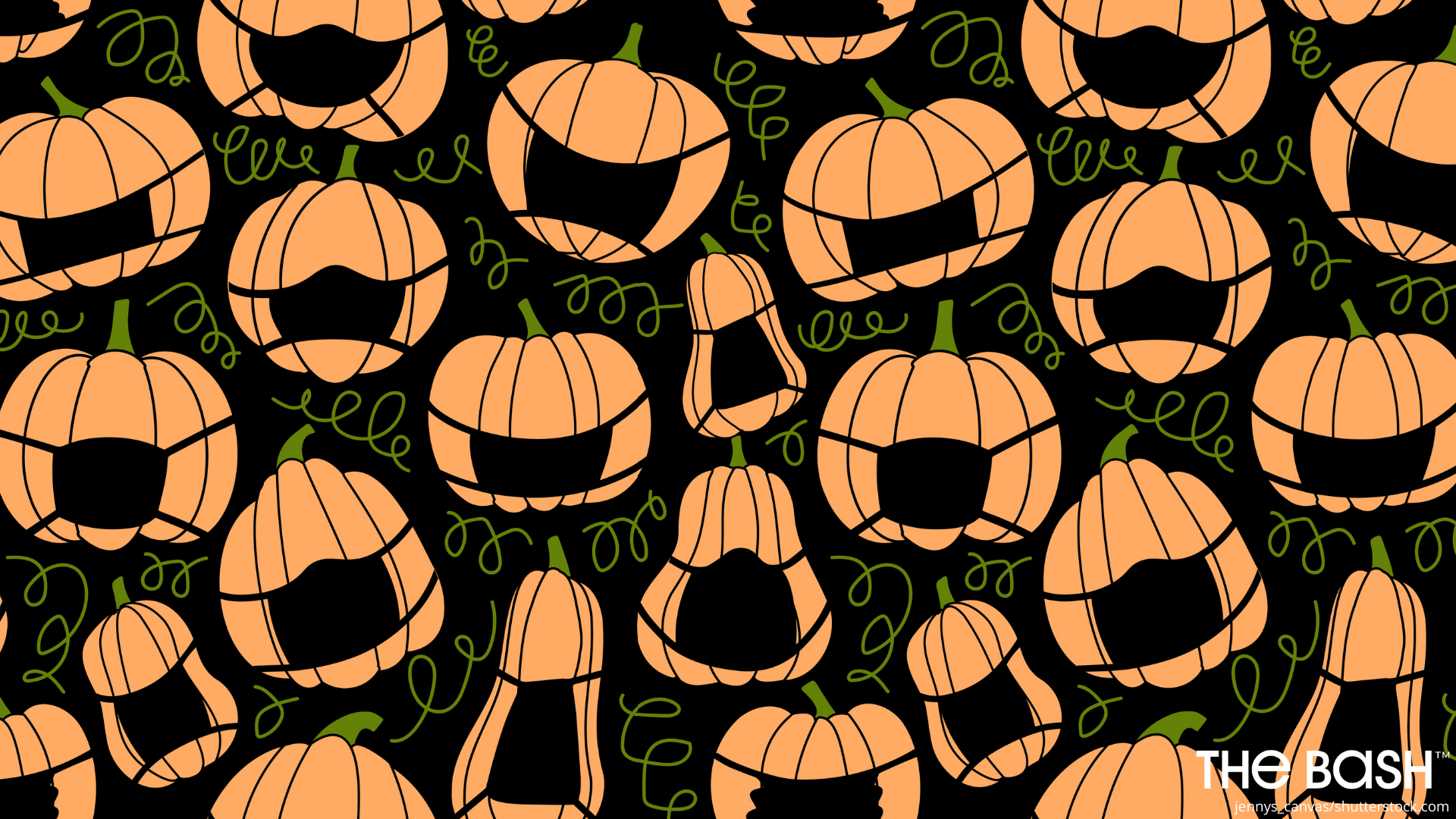 Pumpkins wearing face masks on a black background - Halloween, cute Halloween, Halloween desktop, spooky