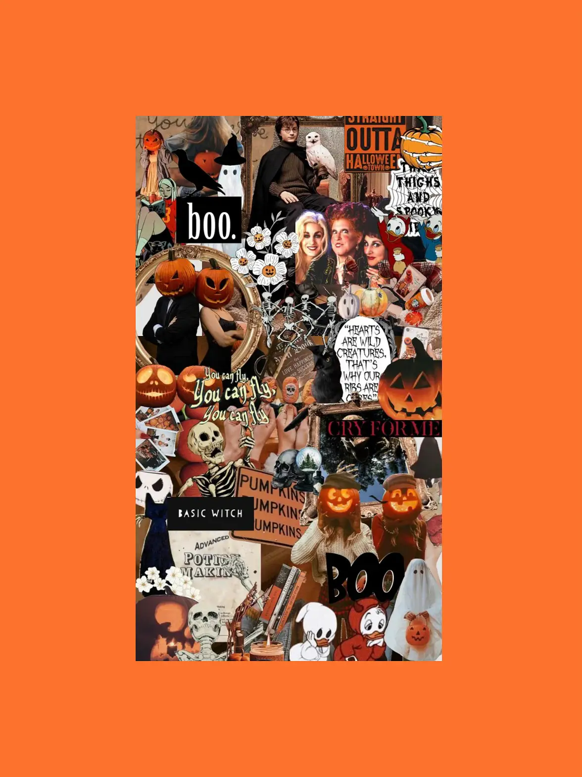 A spooky Halloween collage featuring images of pumpkins, ghosts, and witches. The background is a solid orange color. - Halloween