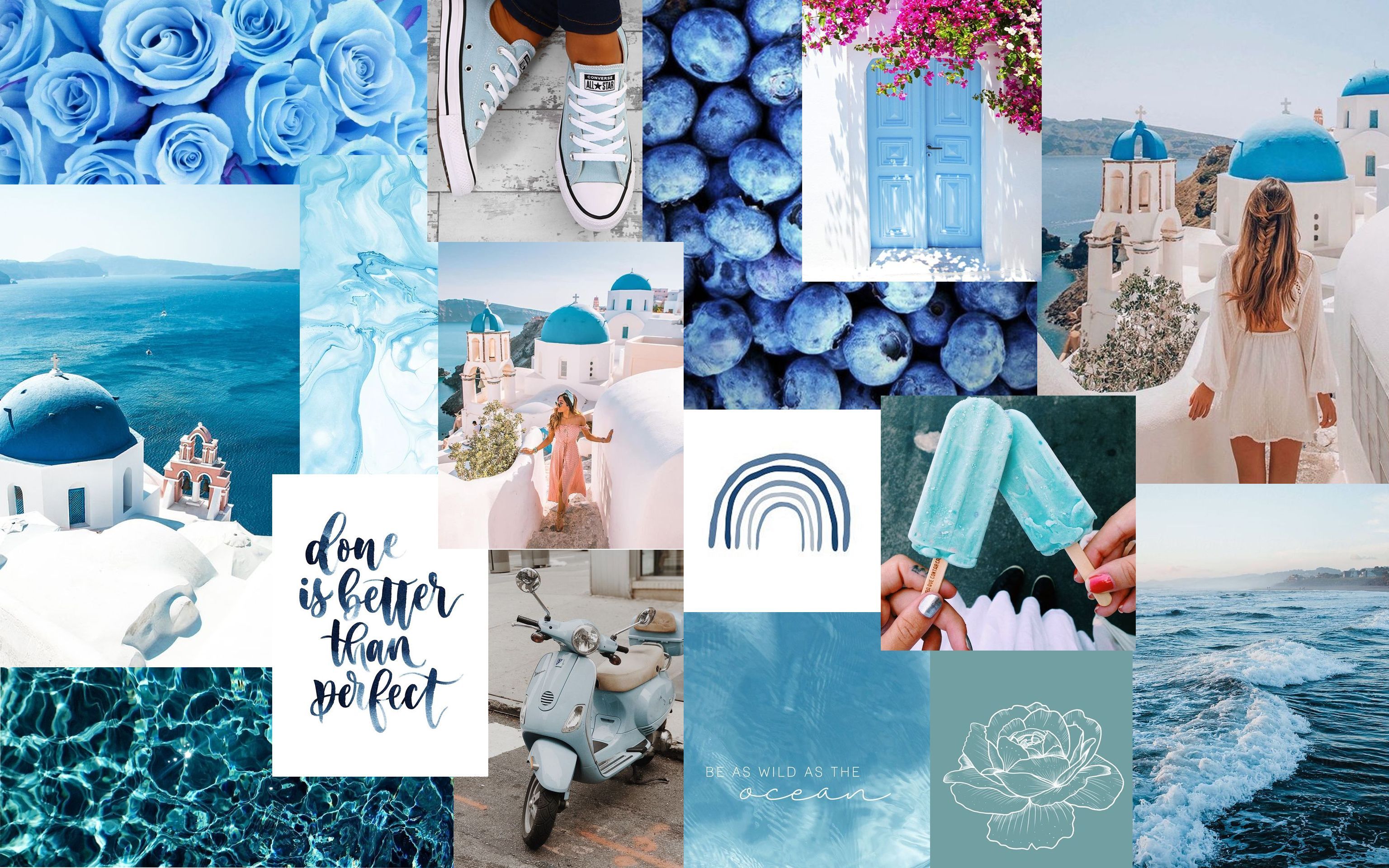 A collage of blue aesthetic pictures such as blueberries, flowers, and the ocean. - MacBook, blue