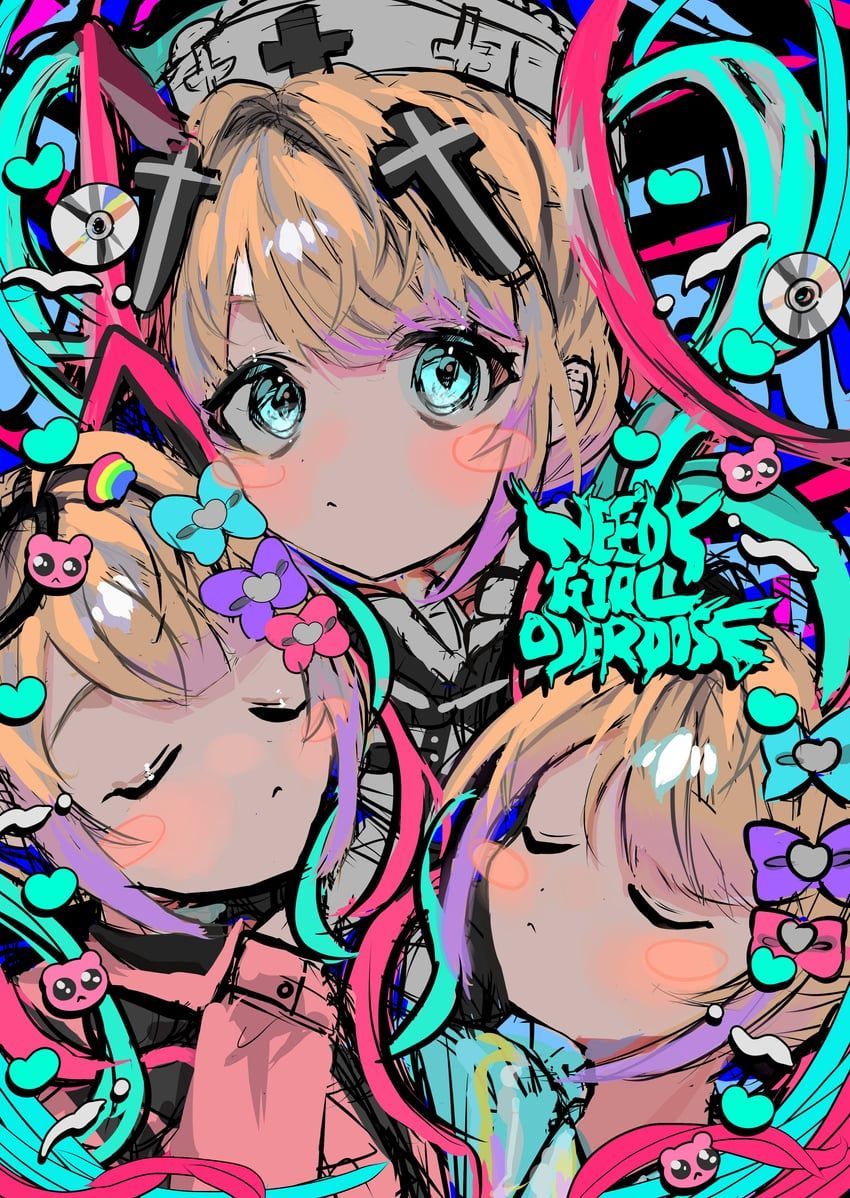 A poster with three anime girls in colorful clothing - Scenecore