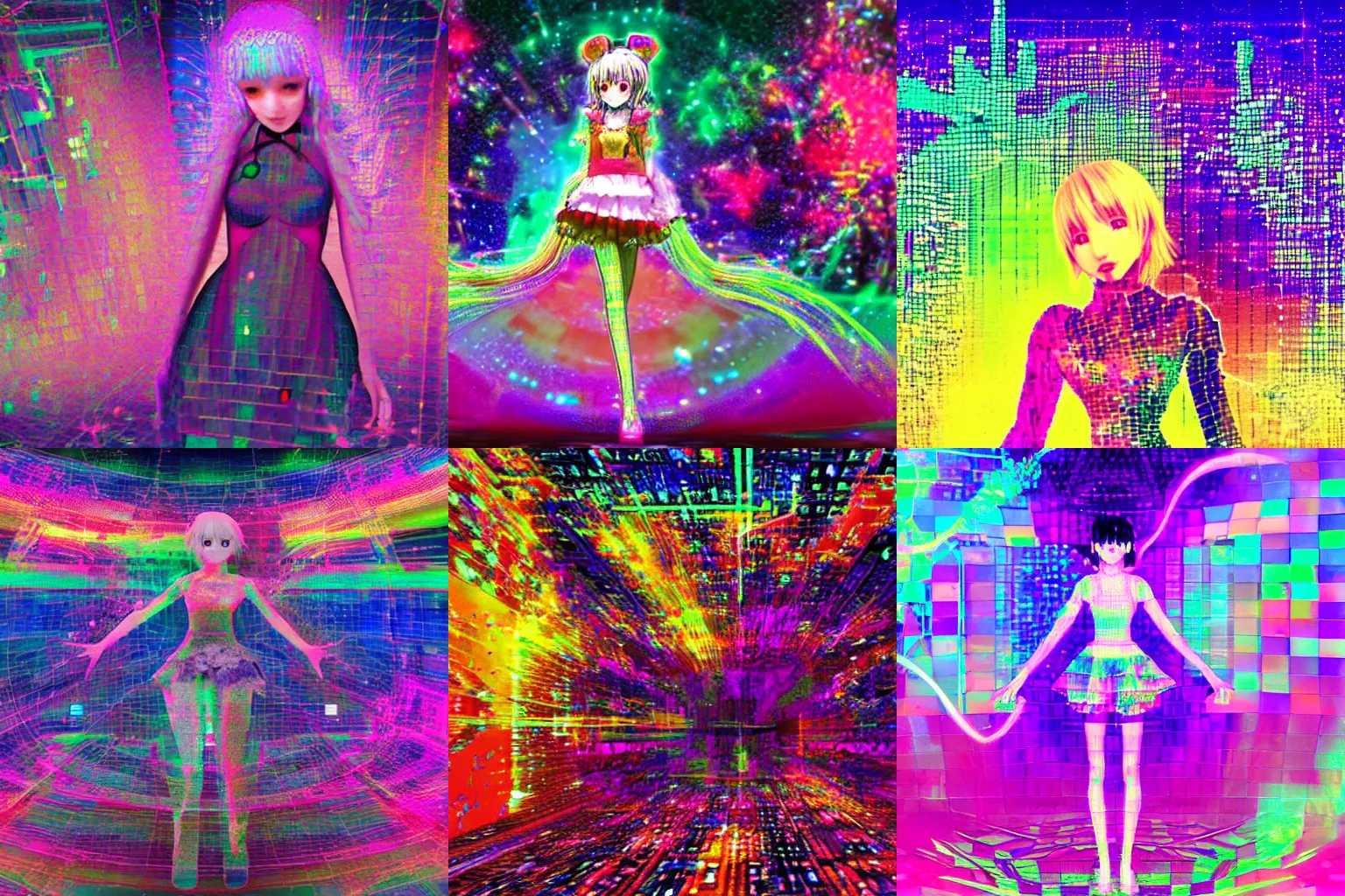 Three different images of anime girls in a cyberpunk style with rainbow lighting and a cyber background - Scenecore