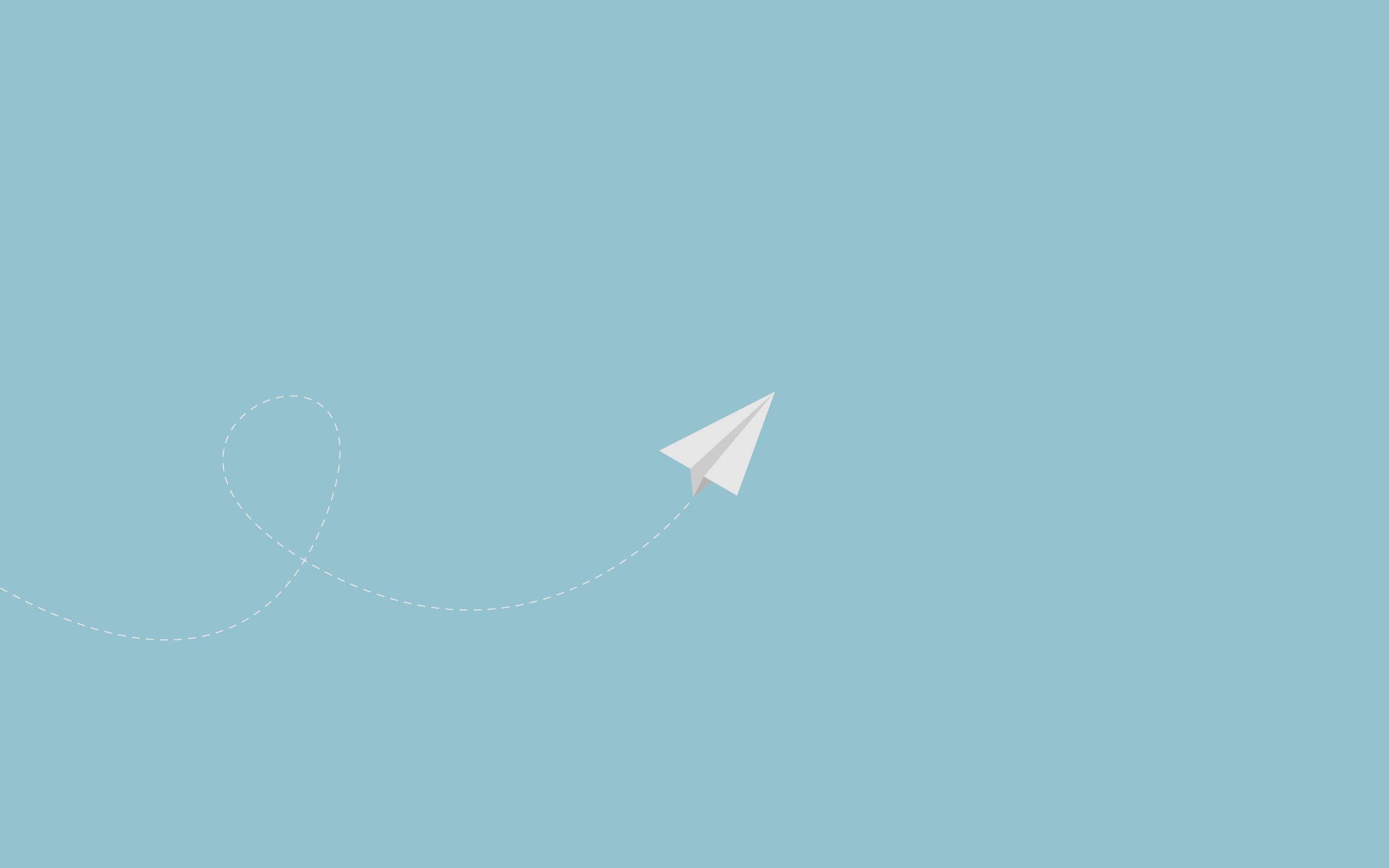 A paper airplane with a dotted line trail flying through the sky. - Blue, teal, minimalist, simple, 2560x1600