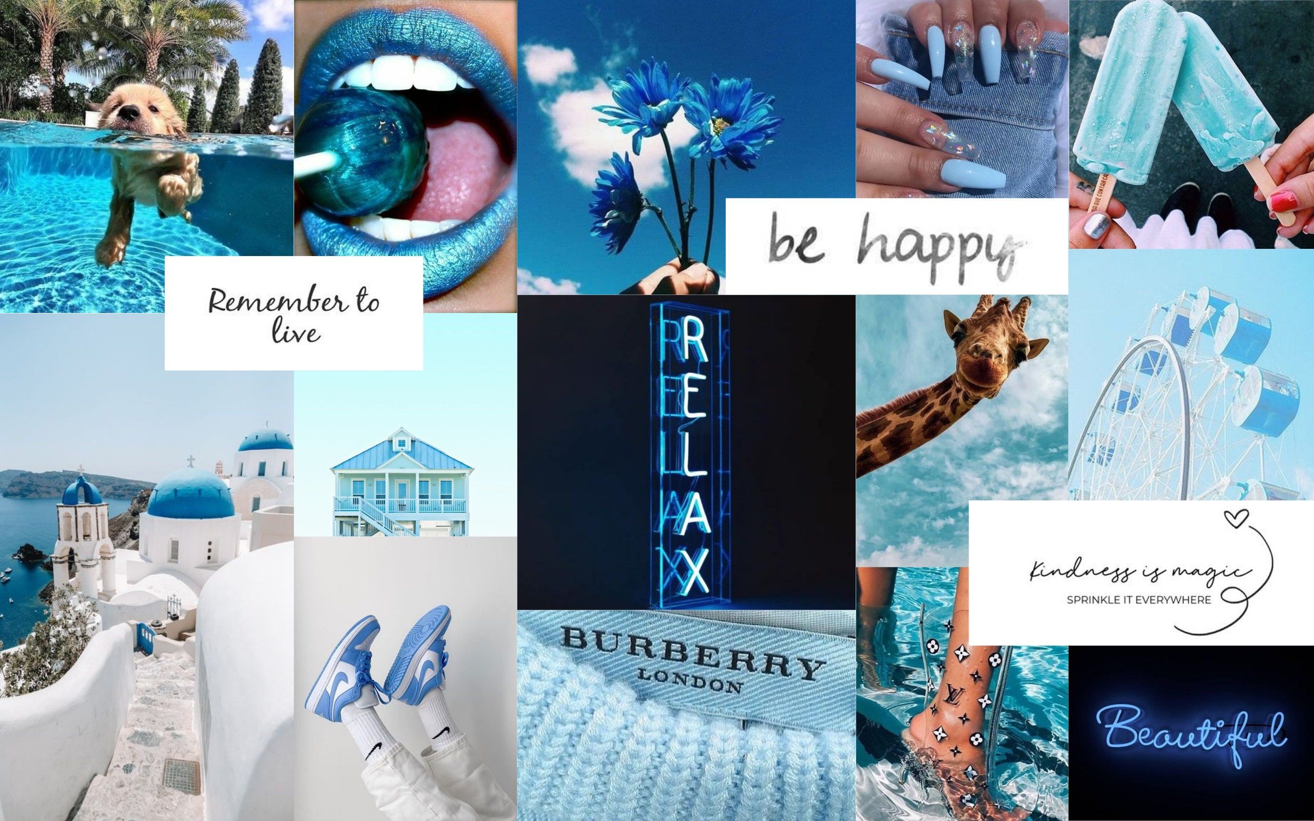 A collage of blue aesthetic pictures including blue lips, a dog in a pool, a giraffe, and a ferris wheel. - Teal, cyan, blue, collage, magic, blue anime, California