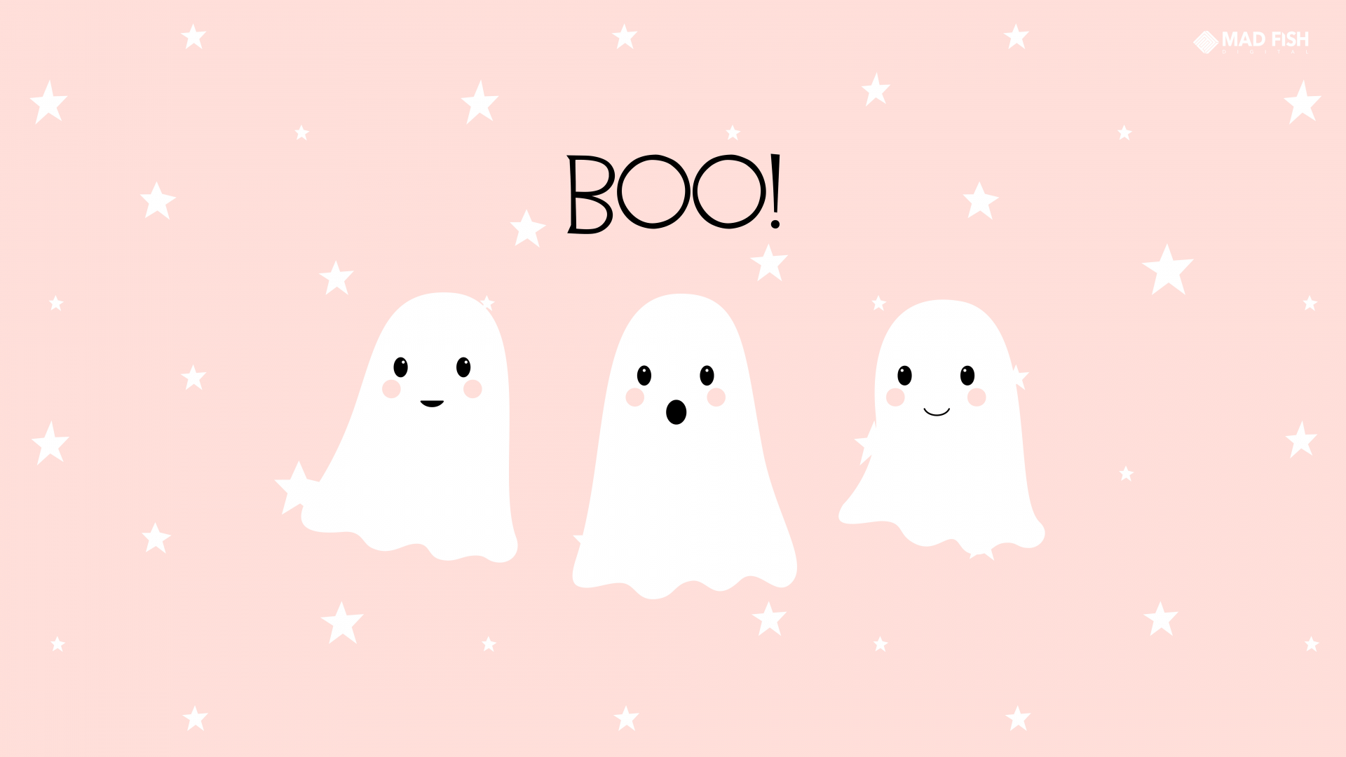 Three cute ghosts on a pink background with the word 