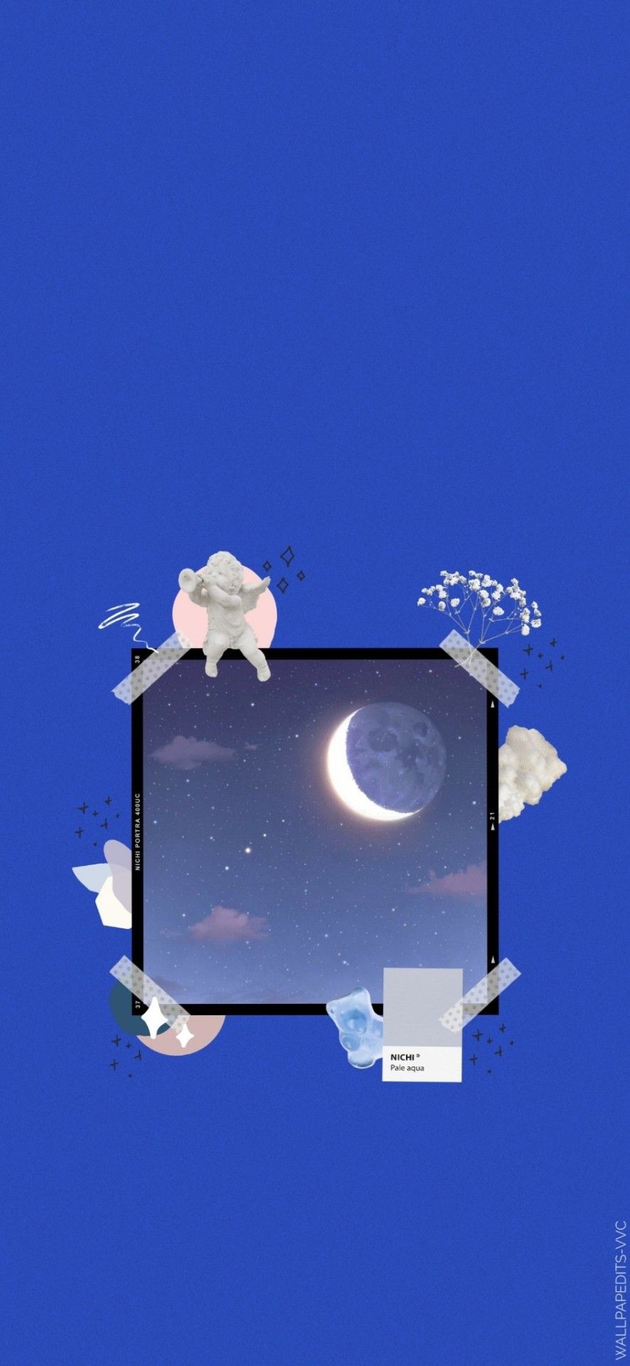 Aesthetic phone wallpaper with a blue background and a square containing a crescent moon - Blue, moon