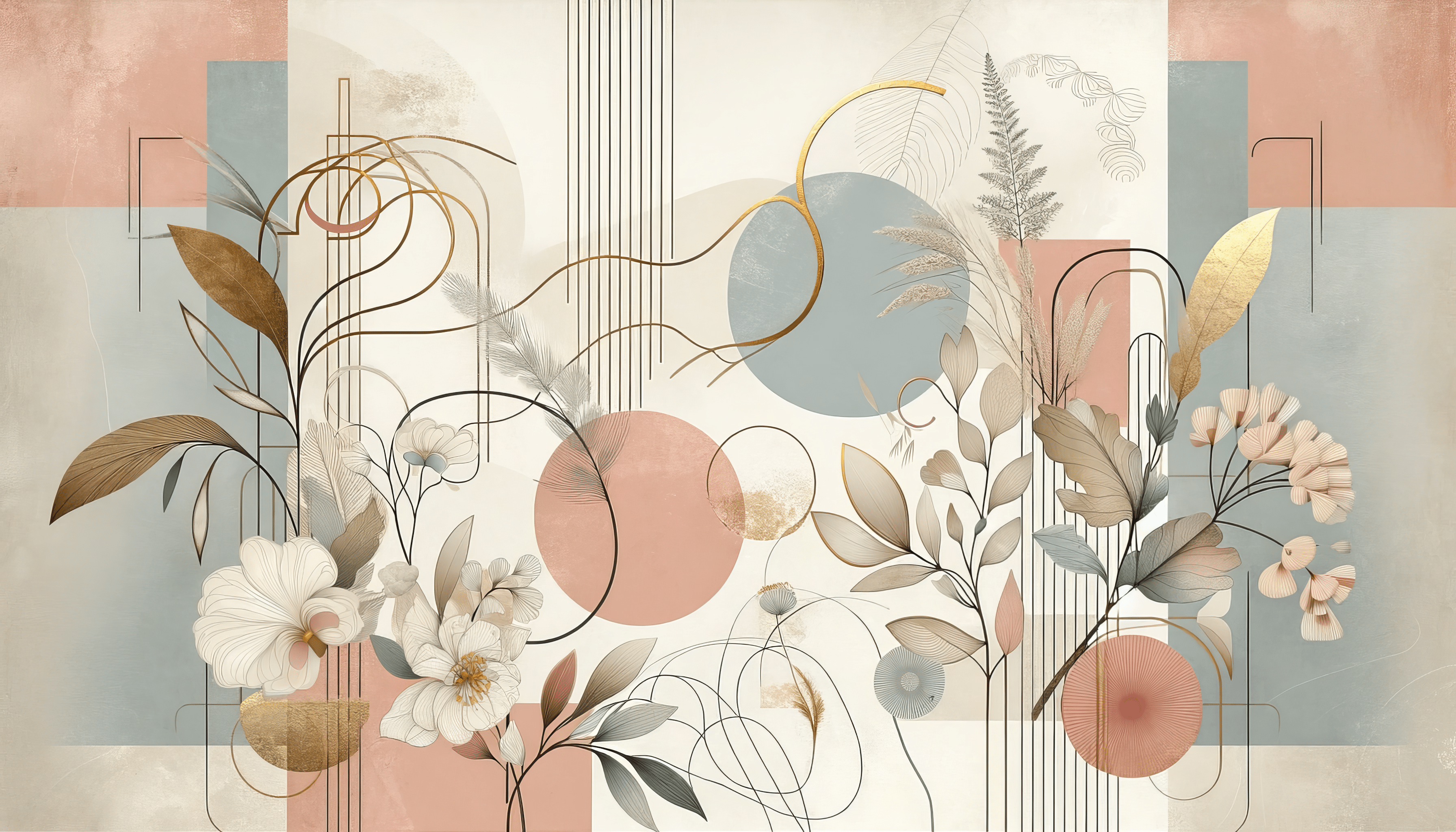 A modern wallpaper design with a mix of geometric shapes, floral patterns, and muted colors. - Desktop, Chromebook, Chinese, geometry