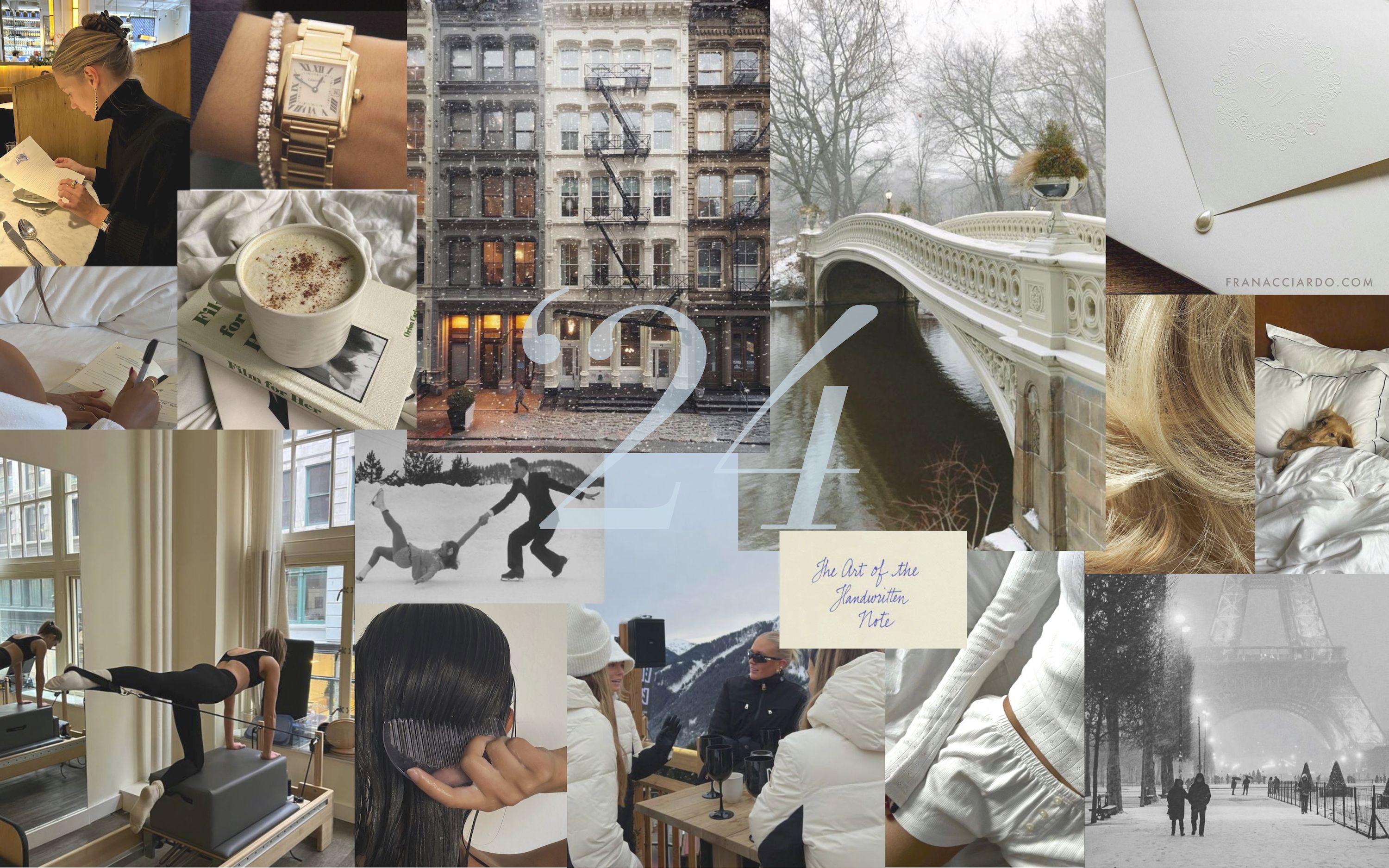 A collage of images from the blog post, including a cup of coffee, a cityscape, a bridge, a snowy street, and people in a gym. - Desktop, feathers, Taylor Swift, January, winter