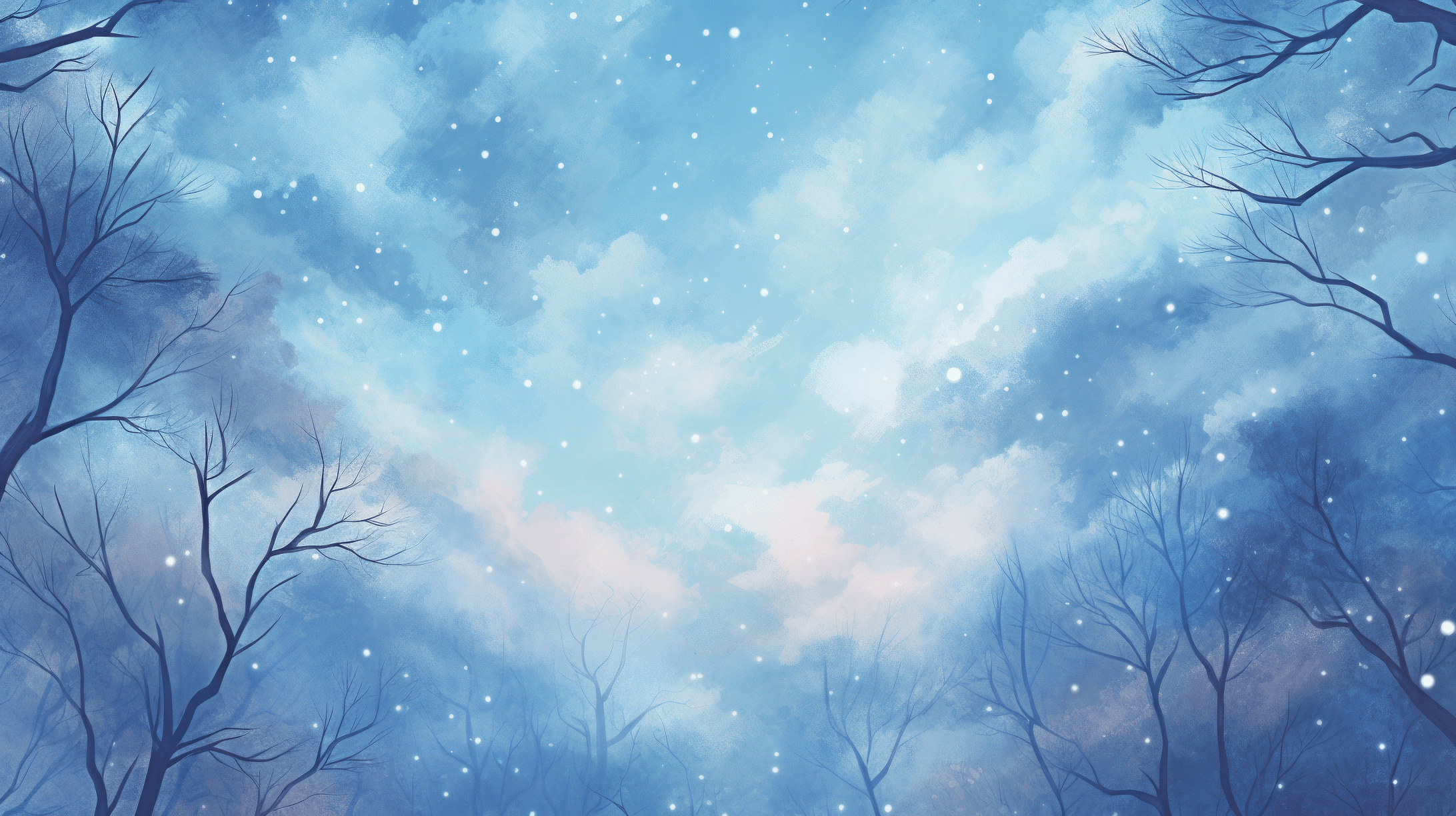 A digital painting of a starry night sky with a forest of bare trees - Blue, forest