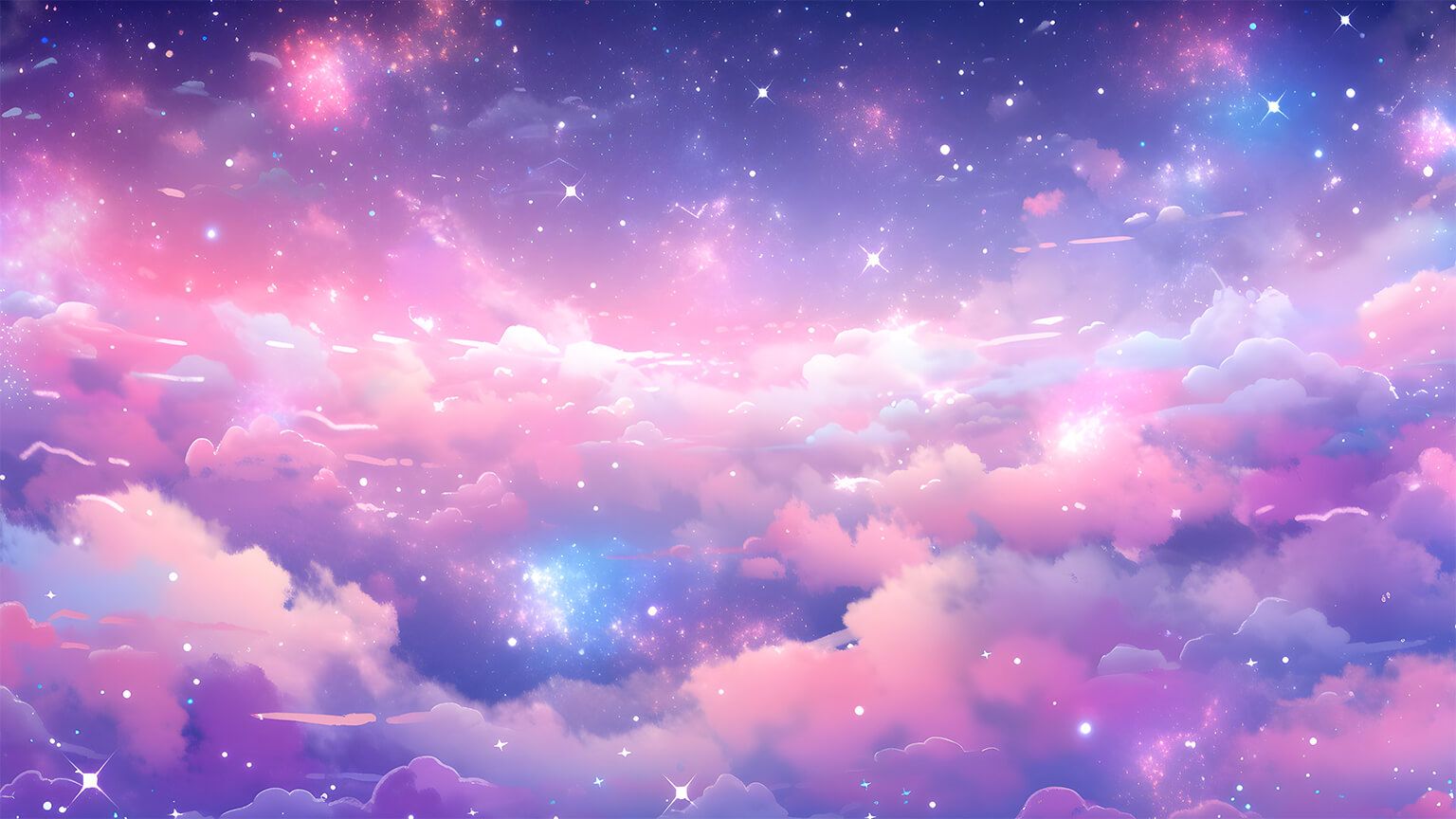 A pink and purple sky with clouds and stars - Desktop