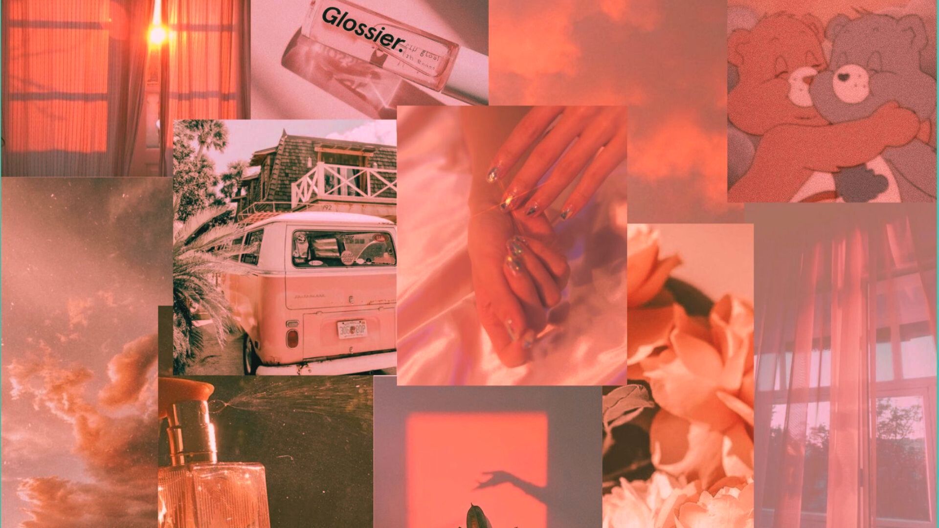 A collage of photos in a pink and orange aesthetic including a van, nail polish, and a teddy bear. - Desktop, 1920x1080