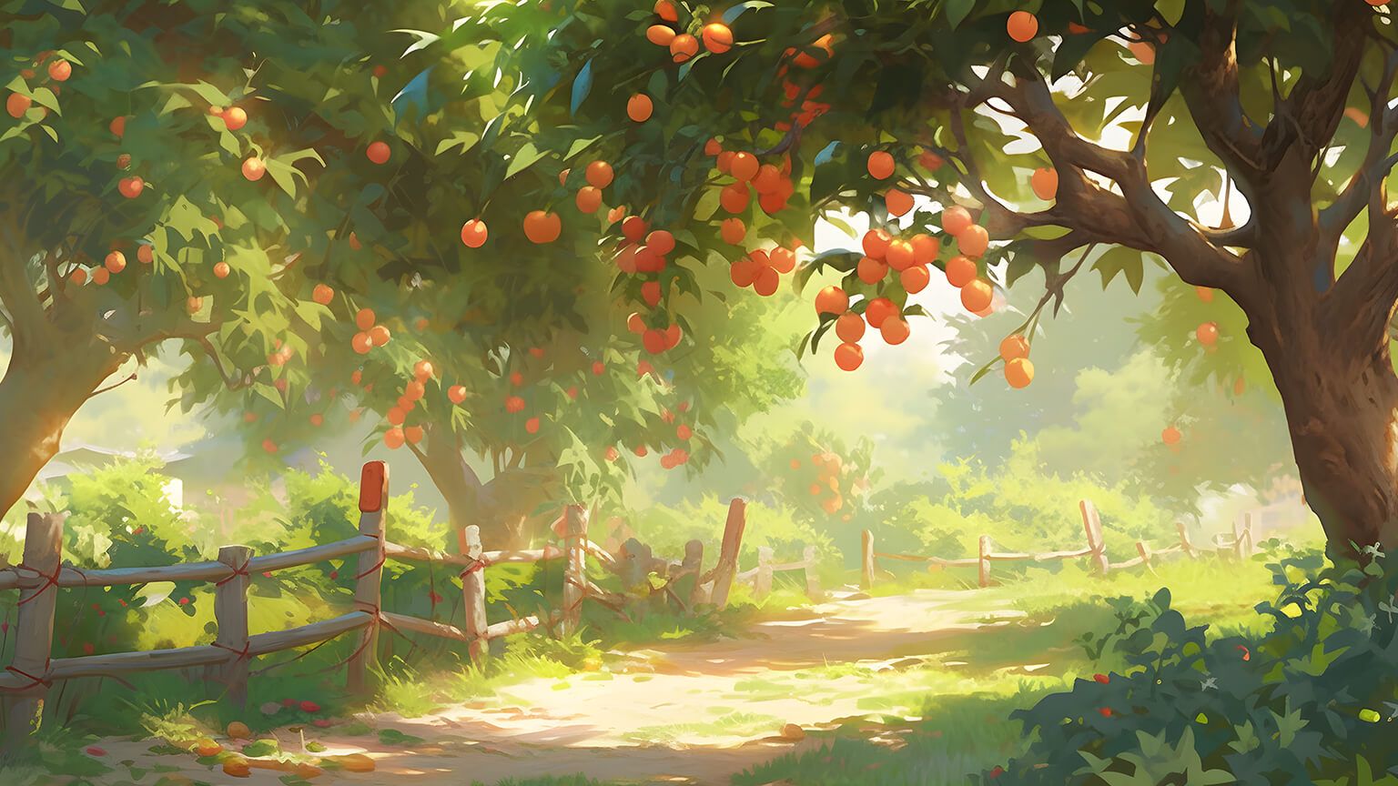 A digital painting of a beautiful sunny day in an orange grove. - Desktop