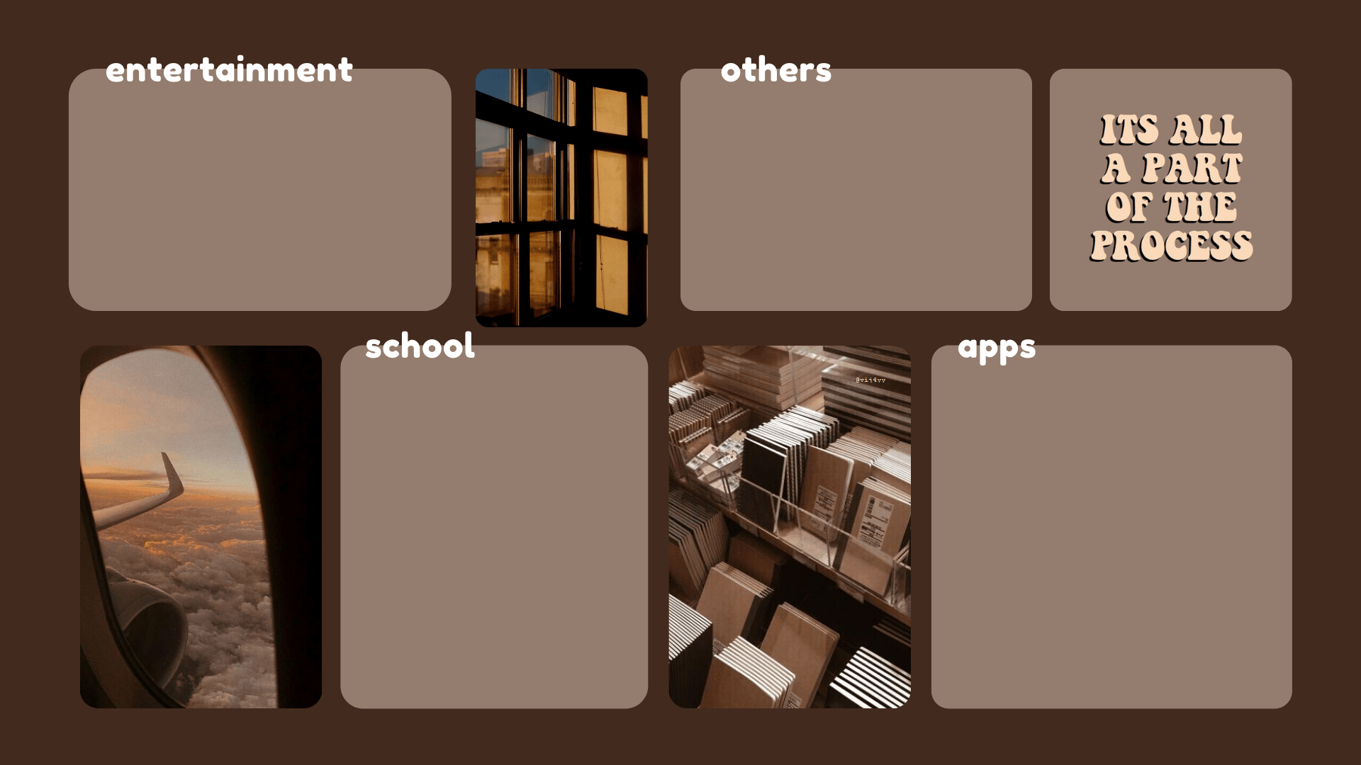 Four squares with images of an airplane window, a bookshelf, a laptop, and a package. Text reads 