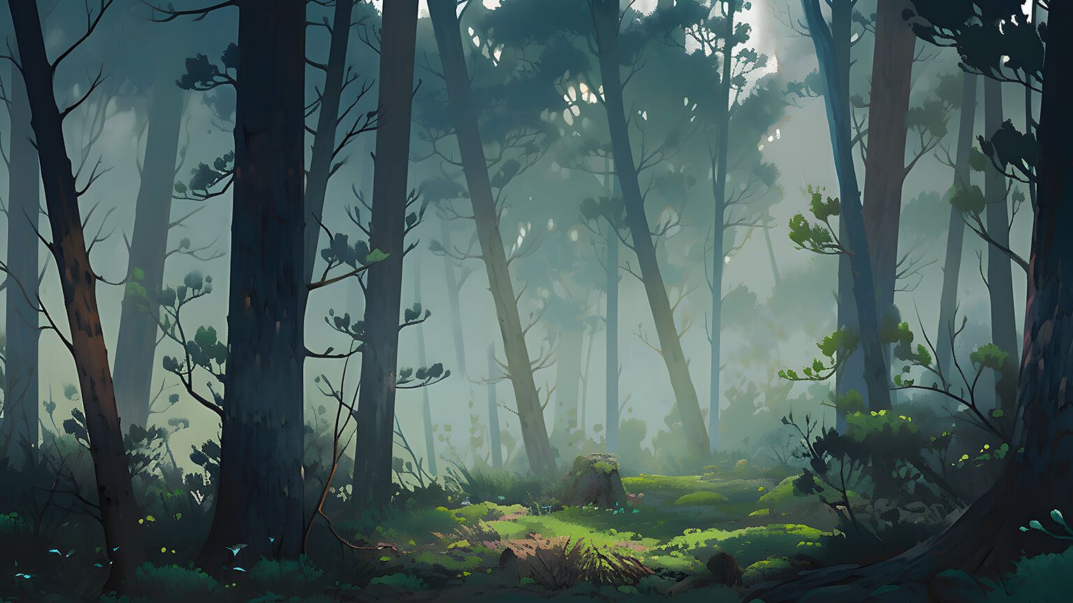 A digital painting of a forest with tall trees and a green mossy floor. - Desktop, forest