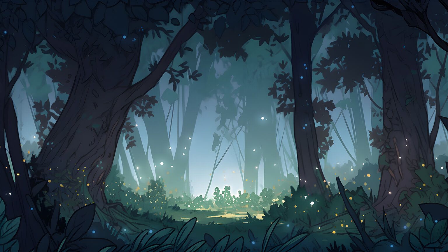 A forest at night with a small clearing and a path leading through it. - Desktop, forest